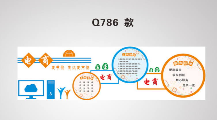 電商服務(wù)站文化墻服務(wù)標(biāo)語圓環(huán)電腦綠樹素材圖