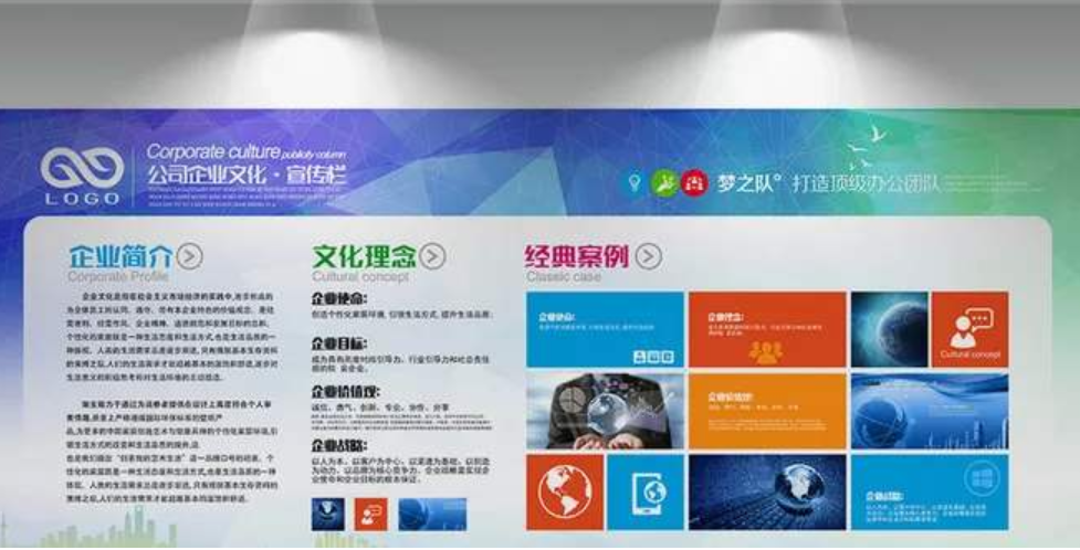 高檔藍(lán)色科技企業(yè)文化墻公司形象墻企業(yè)展板設(shè)計圖片